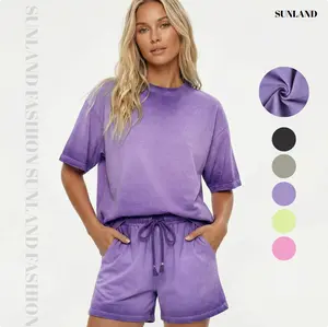Sunland 2 Piece Suits Dyed Washed Dirty T-Shirt&Shorts 2026 Casual Elastic Waist Fading Vintage Half Length Cotton Pants Streetwear Bottoms Summer Comfort summervib