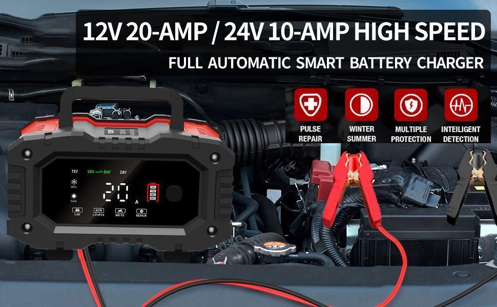 12V and 24V Car Battery Trickle Charger, Battery Charger 20 Amp Lifepo4 Float Fully-Automatic Smart Charger, Maintainer/Pulse Repair Charger for Car, Boat, Motorcycle, Lawn Mower