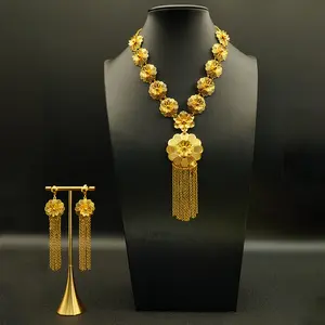 New Middle Eastern Flower Necklace Earrings Jewelry Set, African Dubai Wedding Bridal Accessories, Elegant Women's Fashion, Celebration Glamour