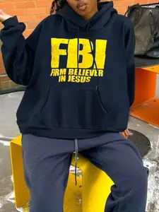 Unisex Casual Long Sleeves Hooded Sweatshirt with Fbi Jesus Believer Print, Graphic Hoodies, Geometric, Christian Street Style, Fall & Winter Warm Daily Wear, Men and Women
