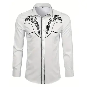 Cowboy Style Vintage Print Men's Long Sleeve Button Up Shirt, Spring Fall