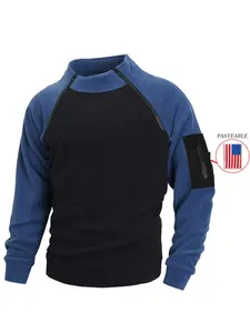 Men's Tactical Wool Pullover, Stand Collar Roland Long Sleeve Warm Jacket, Patch Pockets, Fall Winter Outdoor Wear, Cozy Casual Sweater, Casual Cozy Sweatshirt