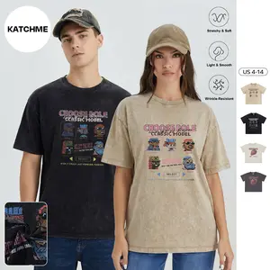 KatchMe Women's Vintage Washed Pixelated Cartoon Print Loose Cotton Short Sleeve Top, Casual Round Neck Soft Breathable Graphic T-Shirt, Summer Streetwear