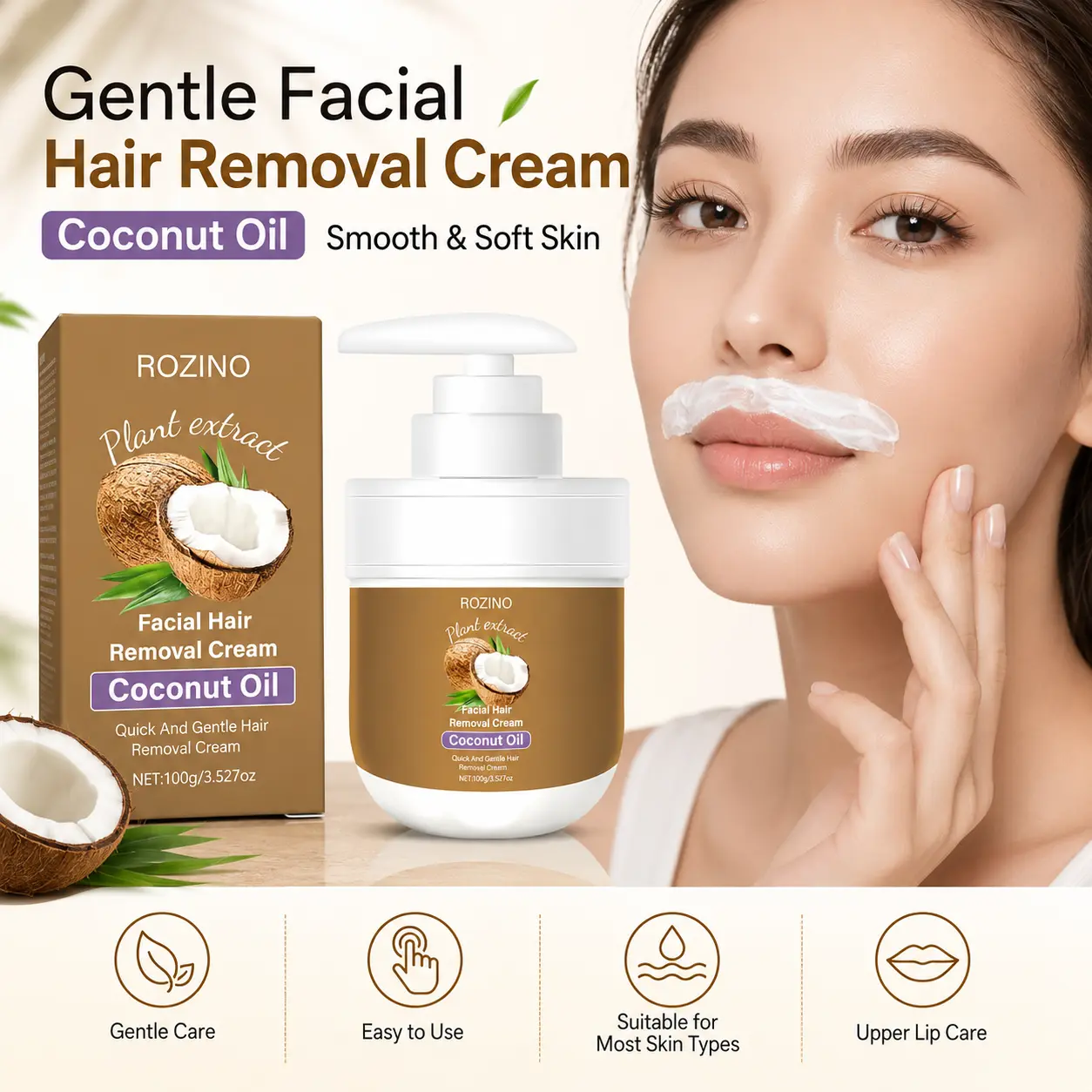 Depilatory Cream for Face – Removes Upper Lip Hair Pain-Free, Natural Plant Extract Formula