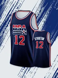 #12 Men's Basketball Jersey John Stockton, Navy USA Sweat-Wicking Quick-Dry Fabric, Comfortable Outdoor Sports & Training Wear, Sports Top