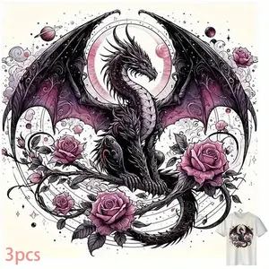 3pcs Dragon & Rose Heat Transfer Stickers, HD Cuttable Seamless Eco-Friendly, Waterproof Fade-Resistant, Easy Use for Backpacks, Pillows, Pants, Sofas