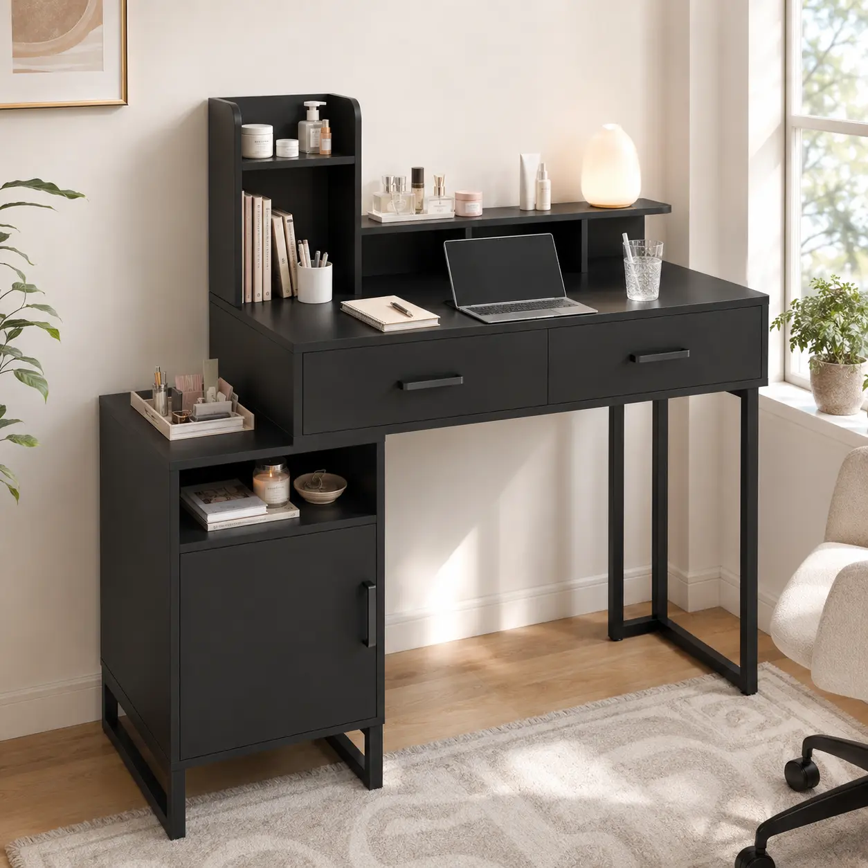 Modern 2-in-1 Vanity and Computer Desk Combo - 35" Width Desk with Power Outlets, 2 Wood Drawers, Multi-Zone Shelf for Home, Dormitory