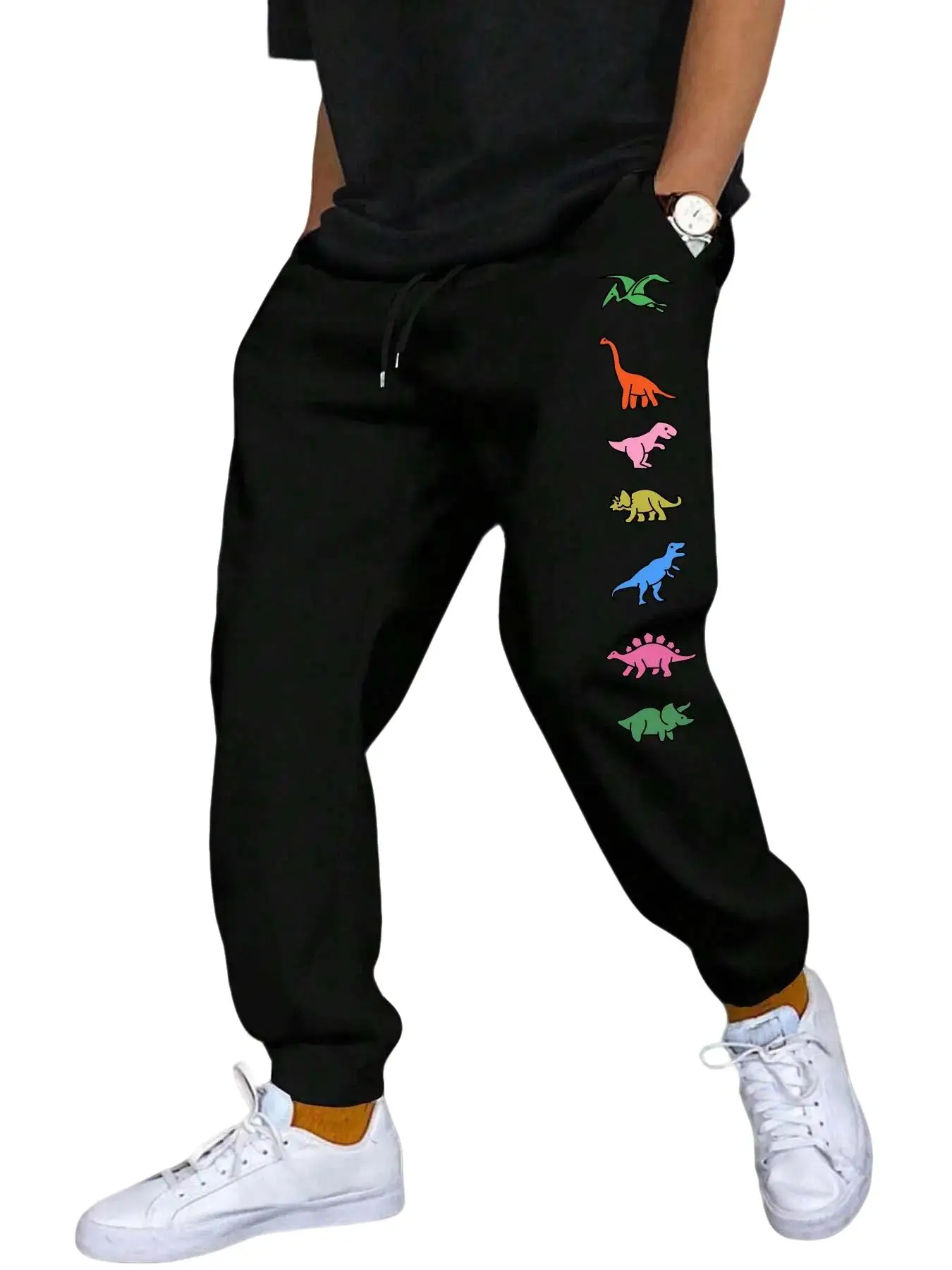 Men's Dinosaur Print Pocket Drawstring Waist Sweatpants, Summer Outfits, Regular Fit Casual Soft Streetwear Jogger Pants for Outdoor Daily Wear, Men's
