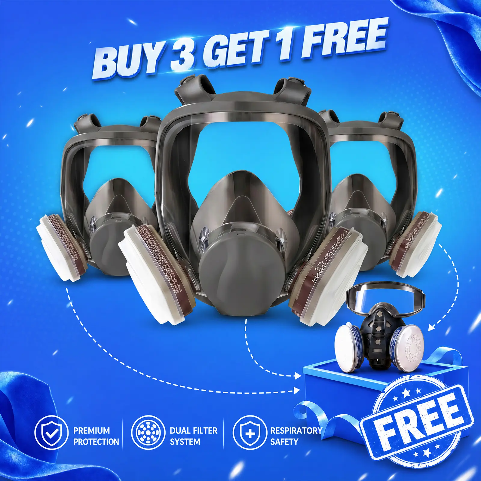 Full Face Reusable Respirator with Large Lens, Speaking Diaphragm and Push Button Seal Check, Painting, Sanding, Chemical Clean-up, Sawing,