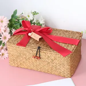 Straw Gift Box with Ribbon & Lid, Modern Straw Gift Box, Square Gift Basket for Wedding, Birthday, Festival, Gift Box Design
