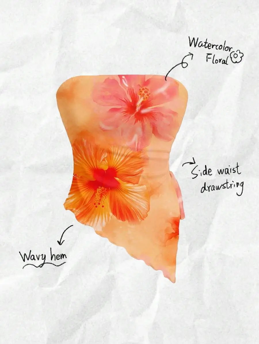 Casual Asymmetrical Hem Floral Print Cropped Tank Top For Women, Suitable Holiday And Summer, Pintue Flower Pattern,Tube
