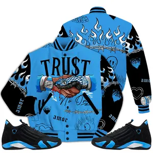 Black University Blue 14s Outfit Varsity Jacket, Fire Trust No One Shirts Match Sneaker Baseball