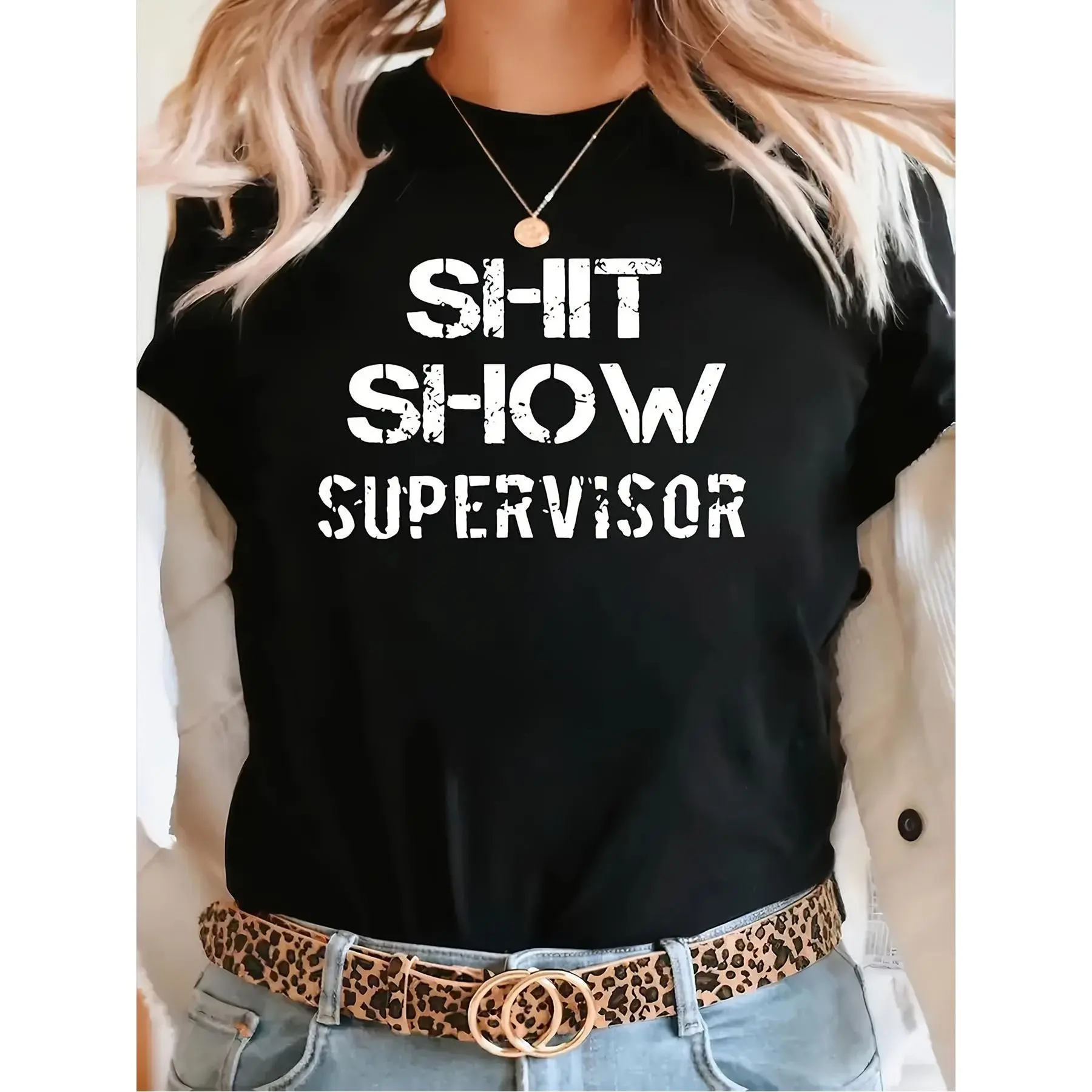 Women's Casual Round Neck Short Sleeve Tshirt - Funny "Shitshow Supervisor" Digital Print, Black with White Lettering, Loose Fit, Shiny Finish, 100% Machine Washable All-Season Basic Tee, Shortsleeve
