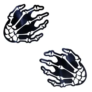 PASTEASE - Nipple Cover Pasties, Adhesive Bra, Breast Tape - Skeleton Hands: White, Green & Red Boney Hands on Black - Level Up Your Halloween Costume Accessory - Dimensions: 3.7” x 4.5” Diameter: 2.5 inches