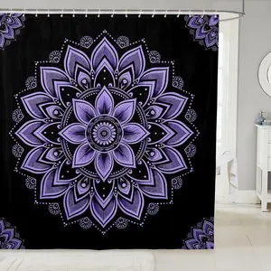 Hippie Mandala Waterproof Bathroom Curtain, Chic Floral Bath Curtain for Girls Women, Hippie Paisley Shower Curtain, Black and Purple Bathroom Curtain