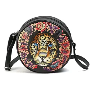 Marey Genuine Leather Handpainted Round Handbag with Detachable Shoulder Strap