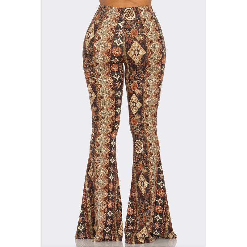 Bear Dance Boho Diamond Floral Skinny Brushed Pants - Brown