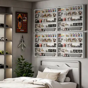 5-Tier Display Cabinet, Wall-Mounted Display Case with 2 Glass Doors and Adjustable Shelves, Gray, Configurable Wall Cabinets, Door-Mounted Wall Cabinets