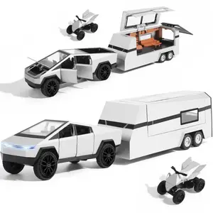 Alloy Diecast Toy RV with Mars Pickup Trailer for Boys - Car Trailer Model with Sound, Lights, Pull Back Feature, Truck and Trailer Toys for Boys, Ideal Gift for Kids and Adults Black Silver