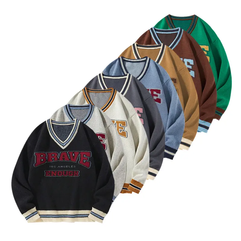 Men's 2-Piece Retro Striped Preppy Mock V-Collar Knit Sweater Set - Loose Casual Full-Sleeve Jumper, Letter-Print Seasonal Base Top, Button-Adorned, Full-Length, Long, Medium-Length, Multi-Size Men's Pullover, Button-Adorned Men's Pullover