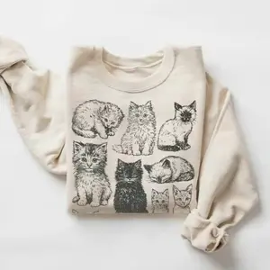 Vintage Cat Sweatshirt, Retro Kitten Graphic Pullover, Cozy Cottagecore Cat Lover Gift, 90s Style Oversized Crewneck, Cute Cat Mom Sweater