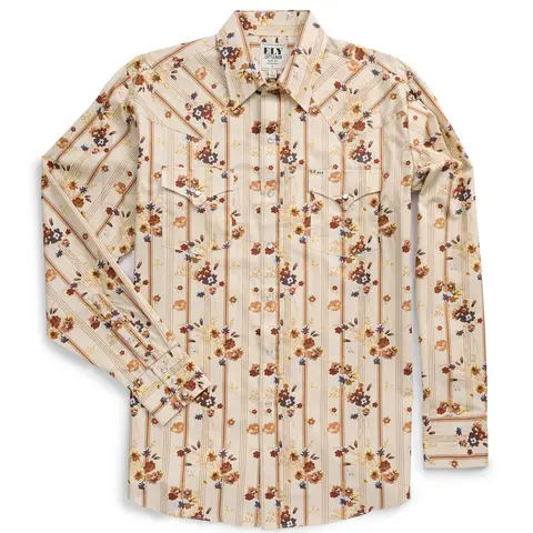 Men's Ely Cattleman Vintage Cowboy 100% Cotton Long Sleeve Shirt - Ecru Menswear, Soft, Flap Pockets, Western Yoke Detail, Snap Closure, Wallpaper Floral Print, Casual Country Concert Staple