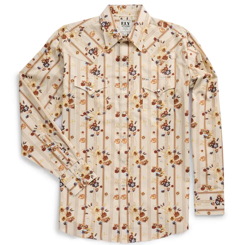 Men's Ely Cattleman Vintage Cowboy 100% Cotton Long Sleeve Shirt - Ecru Menswear, Soft, Flap Pockets, Western Yoke Detail, Snap Closure, Wallpaper Floral Print, Casual Country Concert Staple