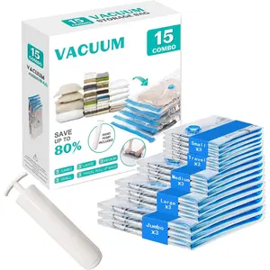 15 Pack Vacuum Seal Bags for Clothing &Travel, Space Saver Vacuum Storage Bags for Blankets,Luggage,Clothes,Comforter, Hand Pump Included (3 ,3 Large,3 Medium,3 Small,3 Roll)