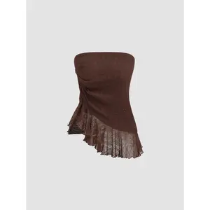 Cider Mesh Texture Drawstring Ruffle Bandeau Top SummerWins Dealsforyou
