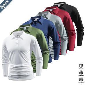 Men's 6-PCS Long Sleeve Athletic Fashion Polo Shirts Set, Quick-Dry Breathable Athletic Top, Color Block Collar & Cuff Design, Moisture-Wicking Casual Sportswear for Golf, Equestrian Activities, Moisture-Wicking Polo Shirts