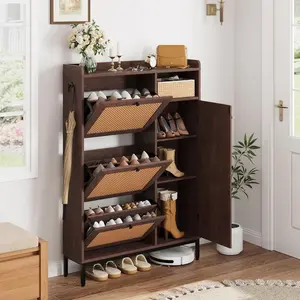 Rattan Multifunctional Storage Shoe Cabinet with 3 Flip Drawers, Adjustable Side Cabinets & Boho Metal Design for Hallway, Living Room, Entryway Organiser Racks Wooden