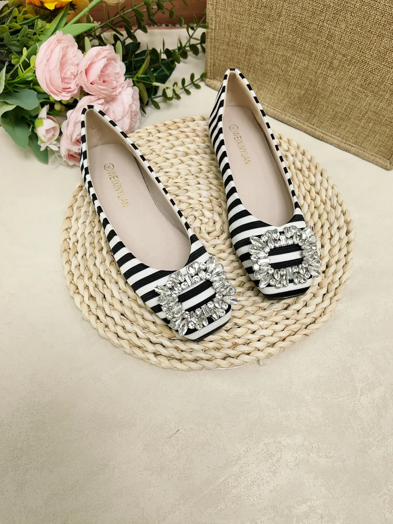 French Striped Rhinestone Square Buckle Single Shoe, Round Toe Soft Sole Low Top Flat Shoes, Casual Office Wear Comfortable Heels, Casual Flats, Soft Soled Shoes