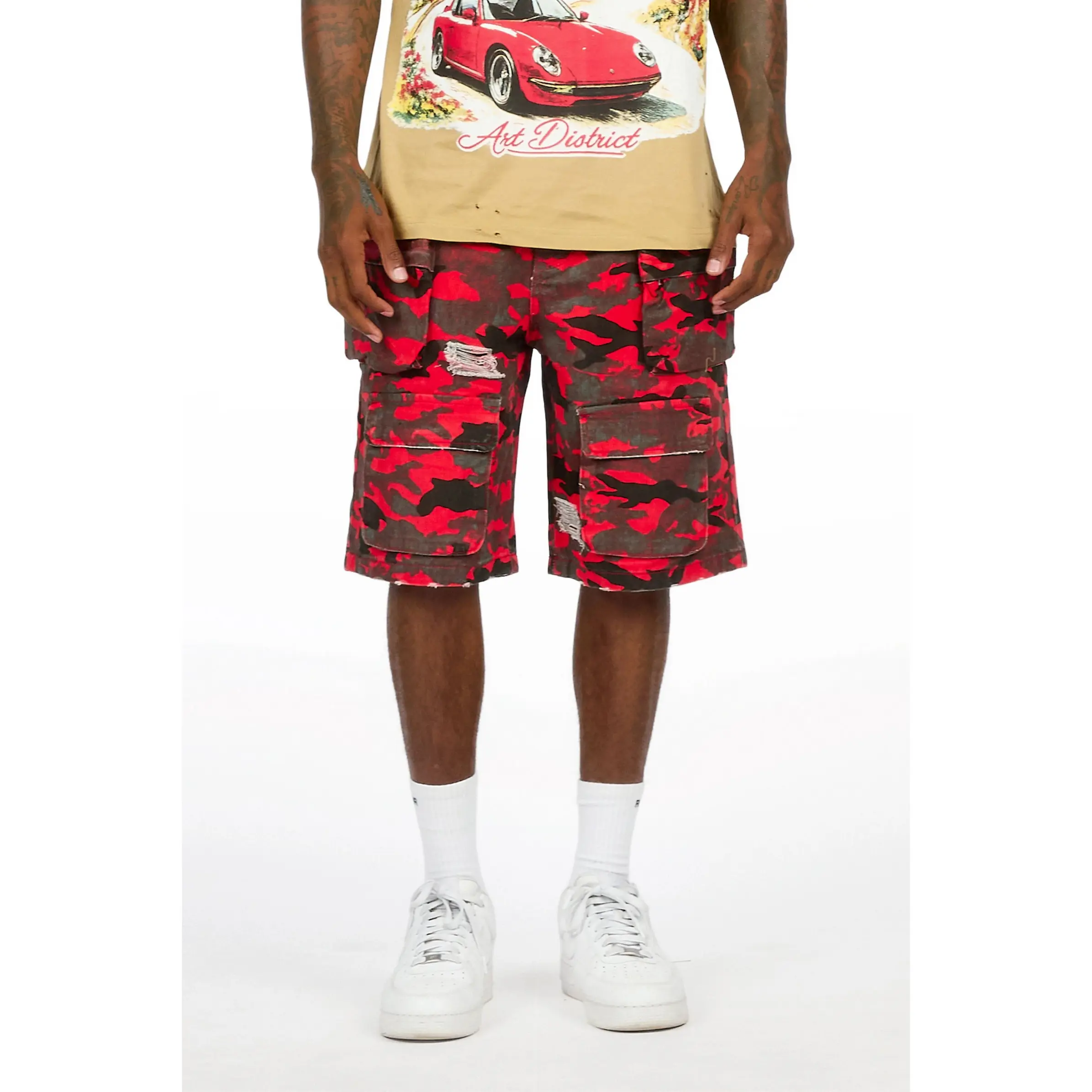 Savion Red Camo Denim Short