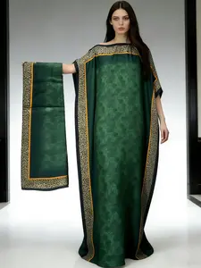 1dress+1scarf Viral Emerald Green Floral Print Satin Kaftan Maxi Dress with Matching Scarf – Silky Loose Fit, Plus Size Friendly, Luxury Loungewear, Beach Cover Up & Evening Party Wear, Must-Have Resort Fashion Piece