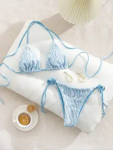 Women's Bikini Set, Wave Pattern Shell Decoration, Sexy Triangle Style, Drop Waist Design, All-Season Wear, Wave Print Bikini, Wholesale Fashion Swimwear