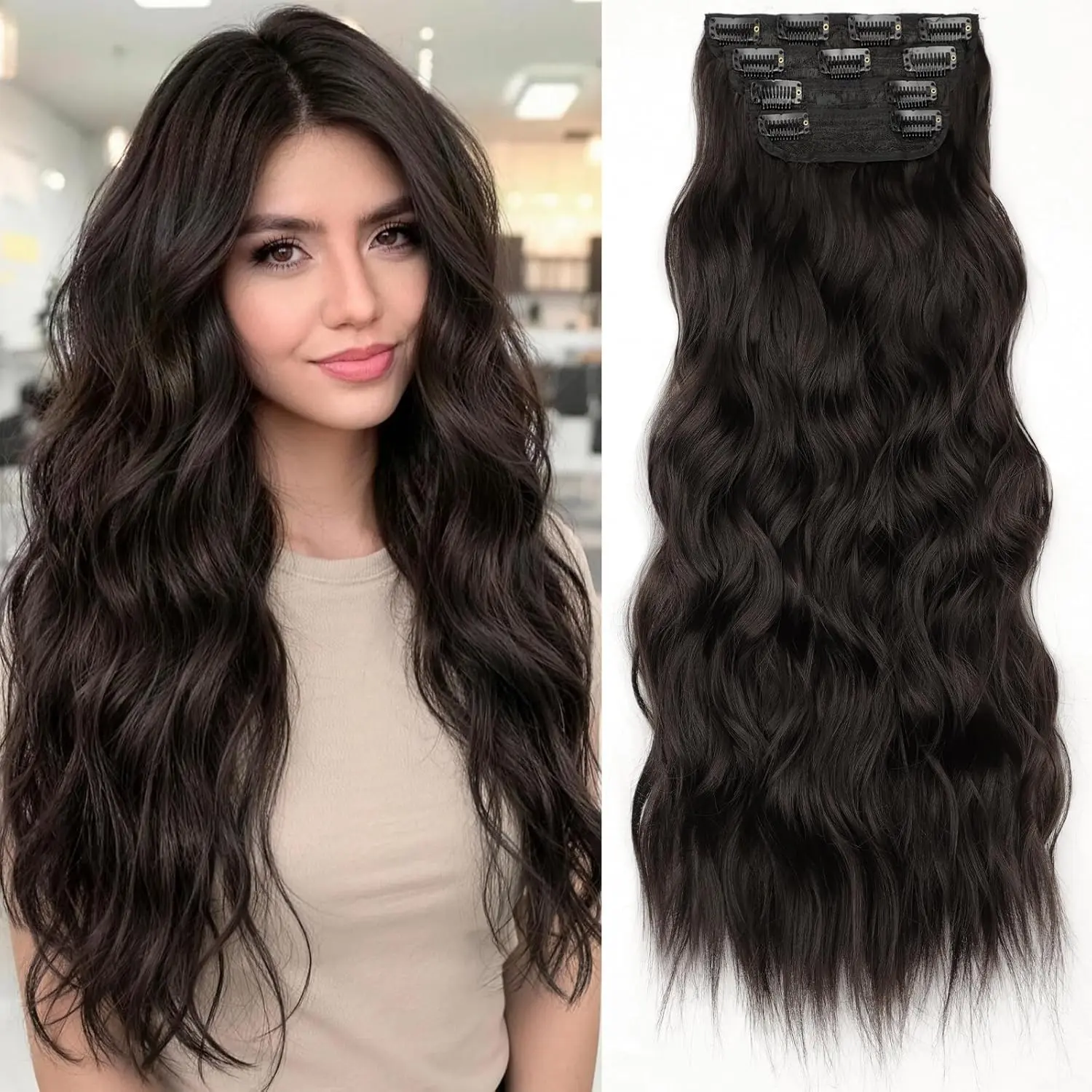 [AISI HAIR]Clip in Synthetic Hair Extensions Long Wavy 4PCS Thick Hairpieces Dark Brown 6# Fiber Double Weft Natural Hair Extensions 24 Inch for Women