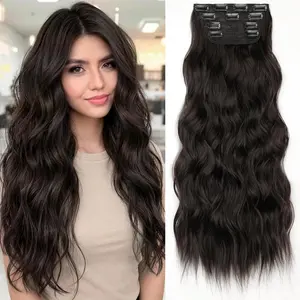[AISI HAIR]Clip in Synthetic Hair Extensions Long Wavy 4PCS Thick Hairpieces Dark Brown 6# Fiber Double Weft Natural Hair Extensions 24 Inch for Women