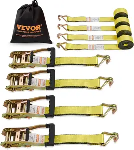 VEVOR Ratchet Tie Down Straps (4PK), 5000lbs Breaking Strength 2''×15' Heavy Duty Tie Down Straps with J Hook & Padded Handles for Moving Motorcycle, Trailer & Trucks(Yellow)