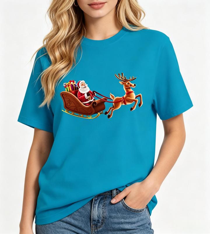 Women's Realistic Santa Claus Reindeer Sleigh T-Shirt Blue Christmas Gift Sled Holiday Xmas Casual Short Sleeve Graphic Tee #sohochic