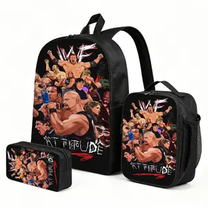 WWE Trending Cartoon Print Backpack 3-Piece Set | Cute Bookbag for Boys and Girls|  Kids Lunch Box and Pen Pouch Combo Gift