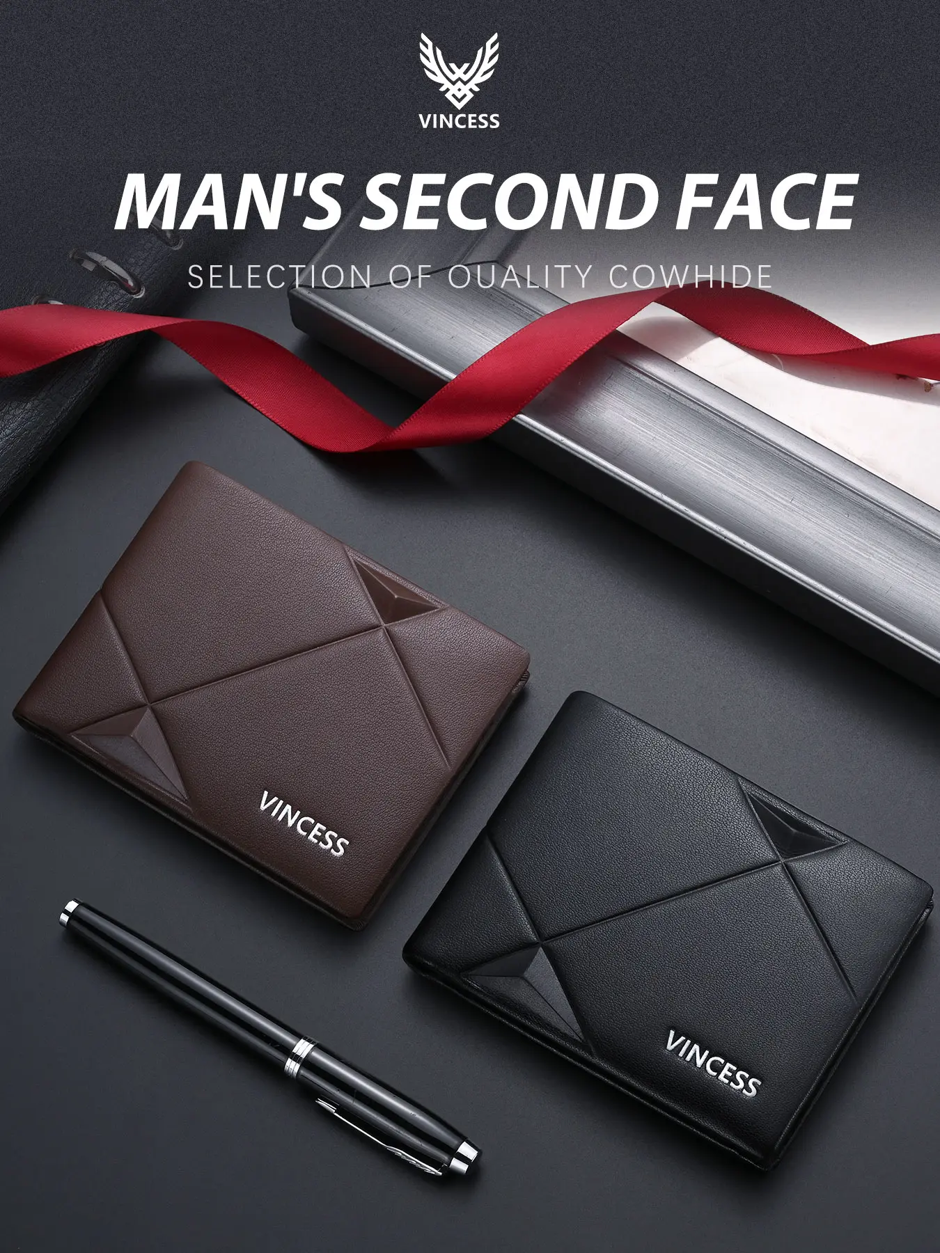 VINCESS Men's RFID Blocking Leather Wallet, Genuine Leather Wallet, Leather Cowhide Wallet, Multi-Card Slots Business Card Holder, Short Cash Organizer Handbag, Christmas Gift for Him, RFID Bifold, Leather Bifold Cardholder