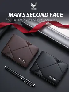 VINCESS Men's RFID Blocking Leather Wallet, Leather Cowhide Wallet, Multi-Card Slots Business Card Holder, Short Cash Organizer Handbag, Christmas Gift for Him