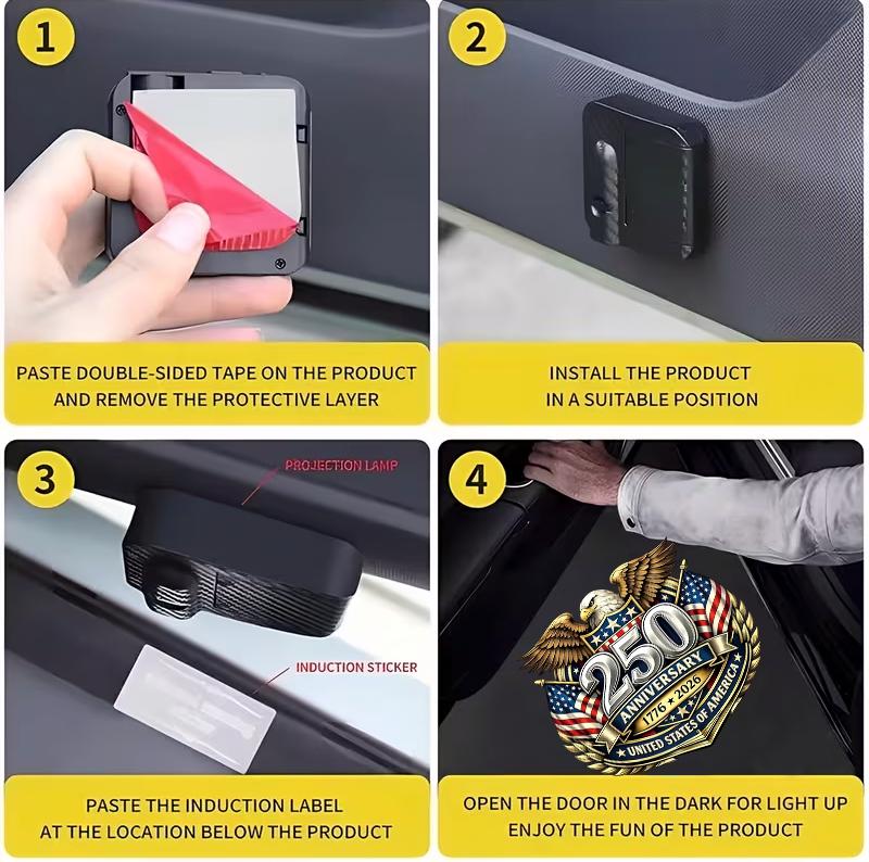 2-pack door lights — U.S. Founding 250th Anniversary projection projector — Universal wireless LED door projection light for cars, compatible with all car brands; U.S. Founding 250th Anniversary welcome plaque projection light