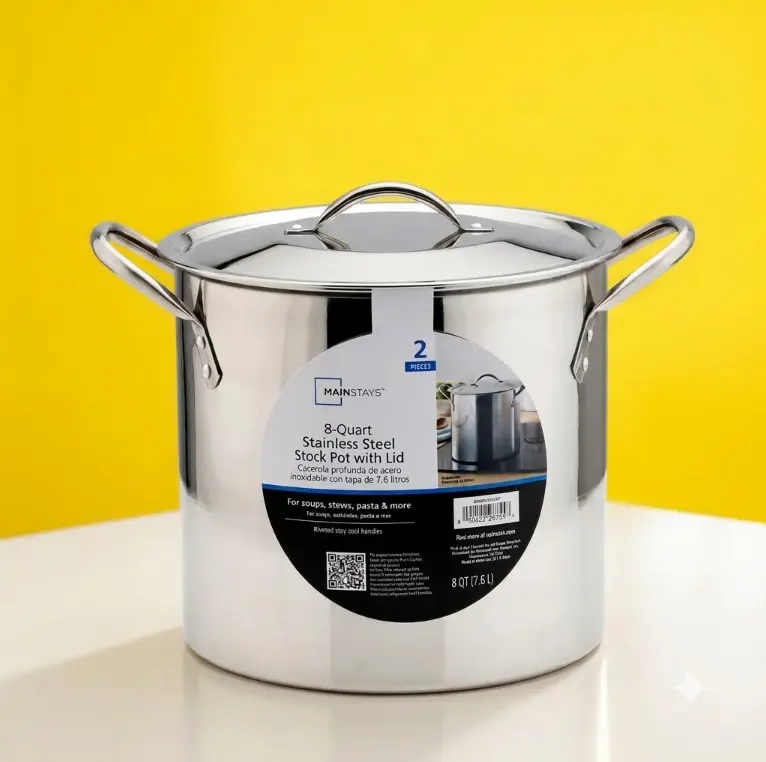 Mainstays 8-12 Qt Stainless Steel Stock Pot with Lid Heavy Duty Soup Pot Riveted Handles Induction Compatible Cookware Bulk