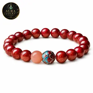 Cinnabar Lotus Beaded Bracelet for Men and Women, Handmade Red Gemstone Charm Bracelet, Chinese Retro Style Jewelry, Spiritual Feng Shui Accessories, Unisex Lucky Charm Wrist Bracelet
