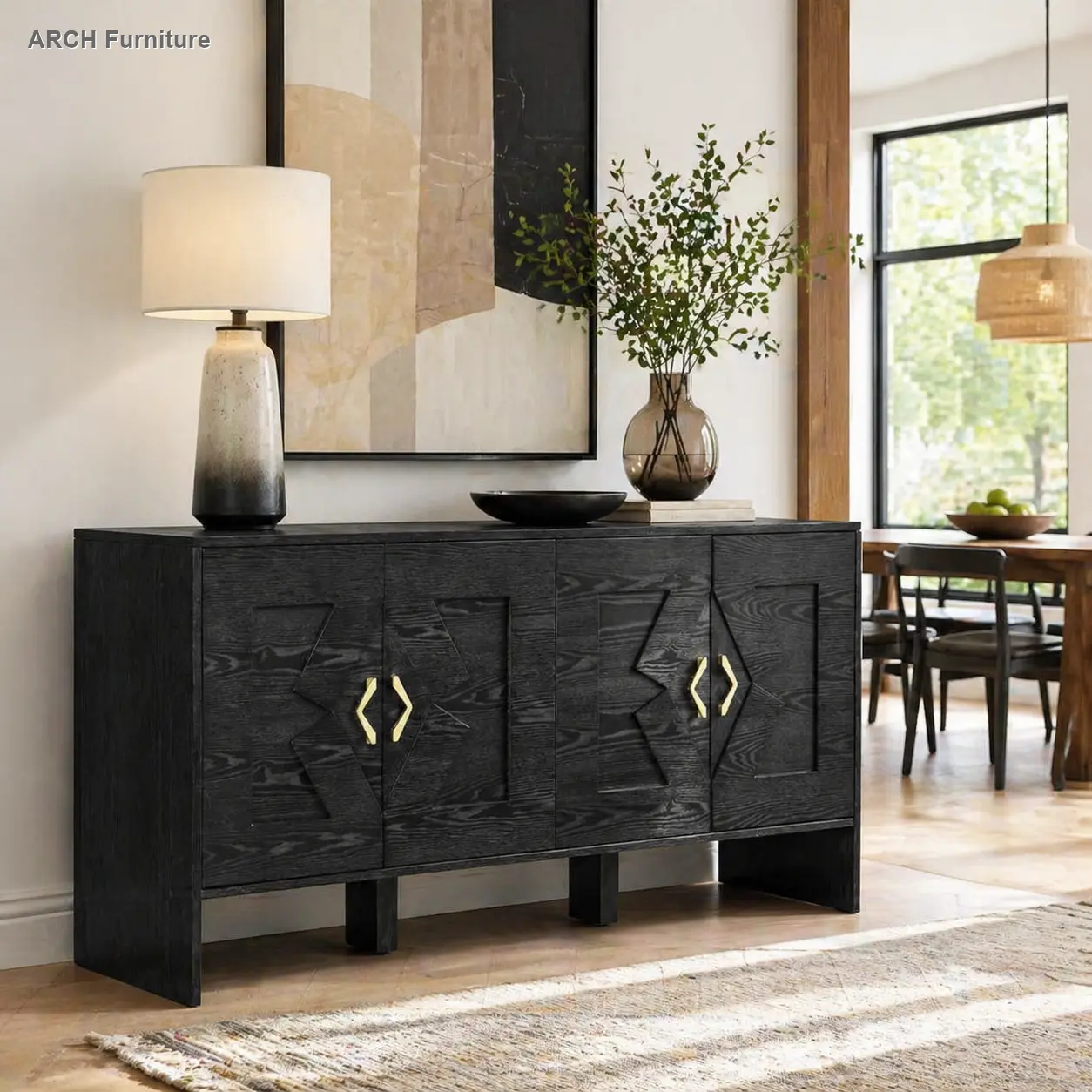 60-In Mid-Century Modern 1960s Classic Vintage Sideboard Buffet Cabinet - Modern Storage Cabinet, MDF Wood, Easy Setup, Living Room TV Media Console with Geometric Pattern, Adjustable Shelves, Built-In Outlets, Black, for Kitchen/Dining Room, 15.75"D X 60