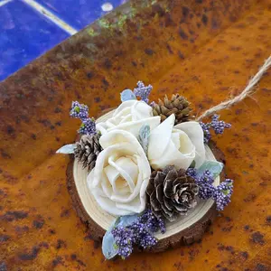 Wood Flower Christmas Ornament with Pine Cones and Purple Accents 3 1/2" Diameter Home Decor Essential for Tree & Shelves - Hanging
