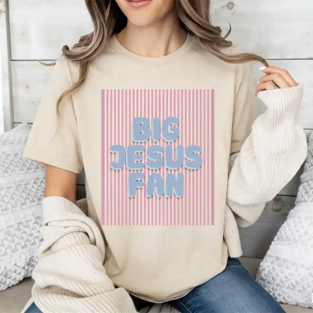 Shortsleeve Graphic T-Shirt for Women, "Big Jesus Fan" Oversized Christian Streetwear Top in Pastel Pink, 100% Cotton