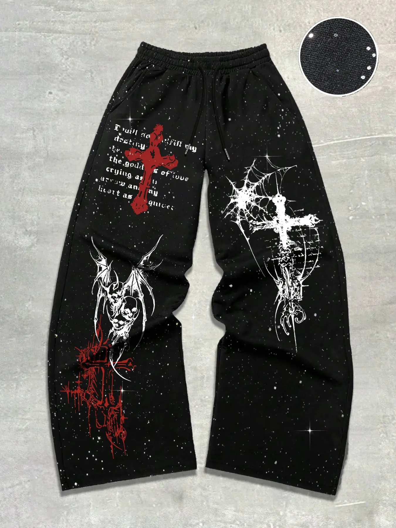 Men's Soft Gothic Wide Leg Pants, Cross Demon Design, Breathable Fabric, Casual Graphic Shorts, Drawstring Waist, Fitted Style