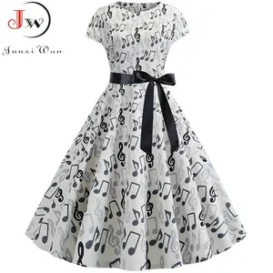 Music Note Print Dress 50s 60s Robe Retro Swing Casual Vintage